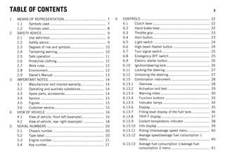 TABLE OF CONTENTS 3
TABLE OF CONTENTS
1 MEANS OF REPRESENTATION ........................................ 7
1.1 Symbols used ...................................................... 7
1.2 Formats used....................................................... 8
2 SAFETY ADVICE.............................................................. 9
2.1 Use definition...................................................... 9
2.2 Safety advice....................................................... 9
2.3 Degrees of risk and symbols................................ 10
2.4 Tampering warning............................................. 10
2.5 Safe operation ................................................... 11
2.6 Protective clothing ............................................. 12
2.7 Work rules......................................................... 12
2.8 Environment...................................................... 12
2.9 Owner's Manual ................................................. 13
3 IMPORTANT NOTES...................................................... 14
3.1 Manufacturer and implied warranty...................... 14
3.2 Operating and auxiliary substances ...................... 14
3.3 Spare parts, accessories ..................................... 14
3.4 Service ............................................................. 15
3.5 Figures ............................................................. 15
3.6 Customer service................................................ 15
4 VIEW OF VEHICLE ........................................................ 16
4.1 View of vehicle, front left (example) ..................... 16
4.2 View of vehicle, rear right (example) .................... 18
5 SERIAL NUMBERS ....................................................... 20
5.1 Chassis number ................................................. 20
5.2 Type label ......................................................... 20
5.3 Engine number .................................................. 21
5.4 Key number....................................................... 21
6 CONTROLS................................................................... 22
6.1 Clutch lever....................................................... 22
6.2 Hand brake lever................................................ 22
6.3 Throttle grip ...................................................... 23
6.4 Horn button....................................................... 23
6.5 Light switch ...................................................... 24
6.6 High beam flasher button ................................... 24
6.7 Turn signal switch.............................................. 25
6.8 Emergency OFF switch ....................................... 25
6.9 Electric starter button......................................... 26
6.10 Ignition/steering lock.......................................... 26
6.11 Locking the steering........................................... 27
6.12 Unlocking the steering........................................ 27
6.13 Combination instrument ..................................... 28
6.13.1 Overview ....................................................... 28
6.13.2 Activation and test......................................... 29
6.13.3 Warning notes ............................................... 30
6.13.4 Function buttons ........................................... 33
6.13.5 Indicator lamps ............................................. 34
6.13.6 Display ......................................................... 35
6.13.7 Filling level display of the fuel tank ................. 36
6.13.8 TRIP F display............................................... 37
6.13.9 Coolant temperature indicator ......................... 38
6.13.10 Info display ................................................... 39
6.13.11 Riding time/average speed menu..................... 40
6.13.12 Average speed/average fuel consumption 1
menu............................................................ 40
6.13.13 Average fuel consumption 1/average fuel
consumption 2 menu ..................................... 41
 