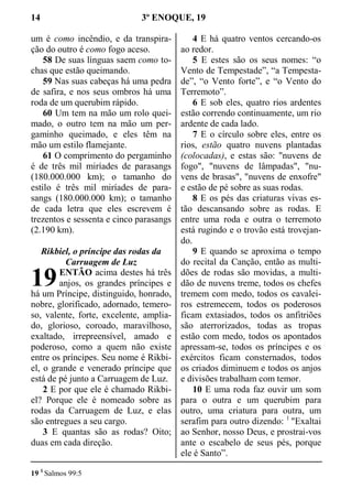 14 3º ENOQUE, 19
um é como incêndio, e da transpira-
ção do outro é como fogo aceso.
58 De suas línguas saem como to-
chas que estão queimando.
59 Nas suas cabeças há uma pedra
de safira, e nos seus ombros há uma
roda de um querubim rápido.
60 Um tem na mão um rolo quei-
mado, o outro tem na mão um per-
gaminho queimado, e eles têm na
mão um estilo flamejante.
61 O comprimento do pergaminho
é de três mil miríades de parasangs
(180.000.000 km); o tamanho do
estilo é três mil miríades de para-
sangs (180.000.000 km); o tamanho
de cada letra que eles escrevem é
trezentos e sessenta e cinco parasangs
(2.190 km).
Rikbiel, o príncipe das rodas da
Carruagem de Luz
ENTÃO acima destes há três
anjos, os grandes príncipes e
há um Príncipe, distinguido, honrado,
nobre, glorificado, adornado, temero-
so, valente, forte, excelente, amplia-
do, glorioso, coroado, maravilhoso,
exaltado, irrepreensível, amado e
poderoso, como a quem não existe
entre os príncipes. Seu nome é Rikbi-
el, o grande e venerado príncipe que
está de pé junto a Carruagem de Luz.
2 E por que ele é chamado Rikbi-
el? Porque ele é nomeado sobre as
rodas da Carruagem de Luz, e elas
são entregues a seu cargo.
3 E quantas são as rodas? Oito;
duas em cada direção.
4 E há quatro ventos cercando-os
ao redor.
5 E estes são os seus nomes: “o
Vento de Tempestade”, “a Tempesta-
de”, “o Vento forte”, e “o Vento do
Terremoto”.
6 E sob eles, quatro rios ardentes
estão correndo continuamente, um rio
ardente de cada lado.
7 E o círculo sobre eles, entre os
rios, estão quatro nuvens plantadas
(colocadas), e estas são: "nuvens de
fogo", "nuvens de lâmpadas", "nu-
vens de brasas", "nuvens de enxofre"
e estão de pé sobre as suas rodas.
8 E os pés das criaturas vivas es-
tão descansando sobre as rodas. E
entre uma roda e outra o terremoto
está rugindo e o trovão está trovejan-
do.
9 E quando se aproxima o tempo
do recital da Canção, então as multi-
dões de rodas são movidas, a multi-
dão de nuvens treme, todos os chefes
tremem com medo, todos os cavalei-
ros estremecem, todos os poderosos
ficam extasiados, todos os anfitriões
são aterrorizados, todas as tropas
estão com medo, todos os apontados
apressam-se, todos os príncipes e os
exércitos ficam consternados, todos
os criados diminuem e todos os anjos
e divisões trabalham com temor.
10 E uma roda faz ouvir um som
para o outra e um querubim para
outro, uma criatura para outra, um
serafim para outro dizendo: 1
"Exaltai
ao Senhor, nosso Deus, e prostrai-vos
ante o escabelo de seus pés, porque
ele é Santo”.
19 1
Salmos 99:5
19
 