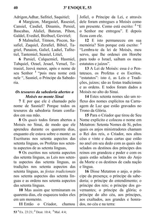 40 3º ENOQUE, 53
Adrigon,Adhar, Safitiel, Saquitiel;
4 Margicon, Margasiel, Rasesiel,
Cansiel, Casdiel, Dinamis, Persiel,
Bascabas, Alaliel, Batsran, Pihon,
Galdel, Evediel, Bizibuel, Geviriel;
5 Malmeliel, Titmon, Piscon, Sa-
safiel, Zaquiel, Zerafiel, Bibiel, Ta-
griel, Panaion, Galiel, Ladiel, Tafite-
tiel, Tantemiel, Seasiel, Litiel,
6 Parsiel, Calquemiel, Hasmiel,
Tabquiel, Ozael, Jesael, Veruel, Te-
trasiel, Jeová menor, após o nome de
seu Senhor 1
“pois meu nome está
nele “, Sasniel, o Príncipe da Sabedo-
ria.
Os tesouros da sabedoria abertos a
Moisés no monte Sinai
7 E por que ele é chamado pelo
nome de Sasniel? Porque todos os
tesouros da sabedoria foram confia-
dos em sua mão.
8 Os quais todos foram abertos a
Moisés no Sinai, de modo que ele
aprendeu durante os quarenta dias,
enquanto ele estava sobre o monte: as
Escrituras nos setenta aspectos das
setenta línguas, os Profetas nos seten-
ta aspectos de as setenta línguas,
9 Os escritos nos setenta aspectos
das setenta línguas, as Leis nos seten-
ta aspectos das setenta línguas, as
tradições nos setenta aspectos das
setenta línguas, as festas tradicionais
nos setenta aspectos das setenta lín-
guas e as ordens nos setenta aspectos
das setenta línguas.
10 Mas assim que terminaram os
quarenta dias, ele esqueceu todos eles
em um momento.
11 Então o Criador, chamou
Jofiel, o Príncipe da Lei, e através
dele foram entregues a Moisés como
um presente. Como está escrito: 2
“E
o Senhor me entregou”. E depois
ficou com ele.
12 E isto permaneceu em sua
memória? Sim porque está escrito: 3
“Lembra-te da lei de Moisés, meu
servo, que lhe ordenei em Horebe
para todo o Israel, saibam os meus
estatutos e juízos”.
13 A Lei de Moisés: essa é o Pen-
tateuco, os Profetas e os Escritos,
“estatutos”: isto é, as Leis e Tradi-
ções, juízos; são as festas tradicionais
e as ordens. E todos foram dados a
Moisés no alto do Sinai.
14 Estes setenta nomes são um re-
flexo dos nomes explícitos na Carru-
agem de Luz que estão gravados no
Trono da Glória.
15 Para o Criador que tirou de Seu
Nome explícito e colocou o nome em
Metatron: Setenta Nomes de Si, pelos
quais os anjos ministradores chamam
o Rei dos reis, o Criador, nos altos
céus e vinte e duas cartas que estão
no anel em seu dedo com as quais são
selados os destinos dos príncipes dos
reinos em grandeza e poder e com os
quais estão selados os lotes do Anjo
da Morte e os destinos de cada nação
e língua.
16 Disse Metatron o anjo, o prín-
cipe da presença; o príncipe da sabe-
doria; o príncipe do entendimento; o
príncipe dos reis; o príncipe dos go-
vernantes; o príncipe da glória; o
príncipe do alto céu, aos príncipes,
aos exaltados, aos grandes e honra-
dos, no céu e na terra:
53 1
Ex. 23:21; 2
Deut. 10:4; 3
Mal. 4:4;
 