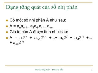 Phan Trung Kiên – ĐH Tây bắc 13
Dạng tổng quát của số nhị phân
 Có một số nhị phân A như sau:
 A = anan-1...a1a0.a-1...a-m
 Giá trị của A được tính như sau:
 A = an2n + an-12n-1 +...+ a020 + a-12-1 +...
+ a-m2-m
 