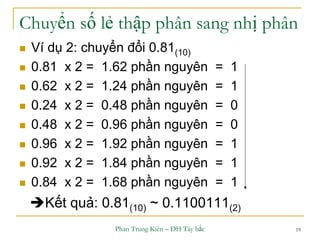 Phan Trung Kiên – ĐH Tây bắc 19
Chuyển số lẻ thập phân sang nhị phân
 Ví dụ 2: chuyển đổi 0.81(10)
 0.81 x 2 = 1.62 phần nguyên = 1
 0.62 x 2 = 1.24 phần nguyên = 1
 0.24 x 2 = 0.48 phần nguyên = 0
 0.48 x 2 = 0.96 phần nguyên = 0
 0.96 x 2 = 1.92 phần nguyên = 1
 0.92 x 2 = 1.84 phần nguyên = 1
 0.84 x 2 = 1.68 phần nguyên = 1
Kết quả: 0.81(10) ~ 0.1100111(2)
 
