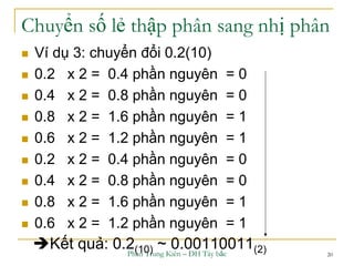 Phan Trung Kiên – ĐH Tây bắc 20
Chuyển số lẻ thập phân sang nhị phân
 Ví dụ 3: chuyển đổi 0.2(10)
 0.2 x 2 = 0.4 phần nguyên = 0
 0.4 x 2 = 0.8 phần nguyên = 0
 0.8 x 2 = 1.6 phần nguyên = 1
 0.6 x 2 = 1.2 phần nguyên = 1
 0.2 x 2 = 0.4 phần nguyên = 0
 0.4 x 2 = 0.8 phần nguyên = 0
 0.8 x 2 = 1.6 phần nguyên = 1
 0.6 x 2 = 1.2 phần nguyên = 1
Kết quả: 0.2(10) ~ 0.00110011(2)
 