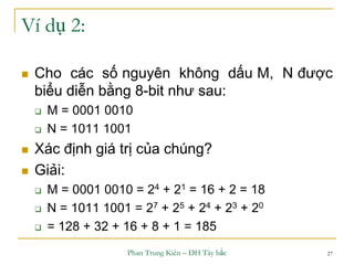 Phan Trung Kiên – ĐH Tây bắc 27
Ví dụ 2:
 Cho các số nguyên không dấu M, N được
biểu diễn bằng 8-bit như sau:
 M = 0001 0010
 N = 1011 1001
 Xác định giá trị của chúng?
 Giải:
 M = 0001 0010 = 24 + 21 = 16 + 2 = 18
 N = 1011 1001 = 27 + 25 + 24 + 23 + 20
 = 128 + 32 + 16 + 8 + 1 = 185
 