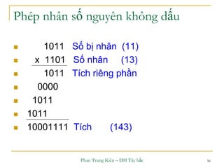 Phan Trung Kiên – ĐH Tây bắc 56
Phép nhân số nguyên không dấu
 1011 Số bị nhân (11)
 x 1101 Số nhân (13)
 1011 Tích riêng phần
 0000
 1011
 1011
 10001111 Tích (143)
 