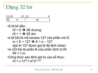 Phan Trung Kiên – ĐH Tây bắc 69
Dạng 32 bit
•S là bit dấu:
•S = 0  Số dương
•S = 1  Số âm
•e (8 bit) là mã excess-127 của phần mũ E:
•e = E + 127  E = e – 127
•giá trị 127 được gọi là độ lệch (bias)
•m (23 bit) là phần lẻ của phần định trị M:
•M = 1.m
•Công thức xác định giá trị của số thực:
•X = (-1)S*1.m*2e-127
 