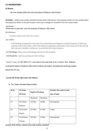 11
5.3 INUNDATION:-
(i) Rivers:
No river existed within the mine boundary of Katkona 1&2 Inclines.
(ii) Nullah :- Surface area mostly consisted of forest land in hilly terrain. Few seasonal nullah/ rain cuts existed within
the property as shown on the plan however there was no danger of inundation from the surface water.
(iii) Ponds:-
There was no pond etc. over the property of Katkona 1&2 Incline.
(iv) Railways:-
No Railway siding existed within the property.
(v) C.H.P.:-
Coal handling arrangement in the mine was achieved by providing twin overhead bunkers of 100 tonne
capacity each on the surface, with truck loading arrangement underneath. Coal coming out of the mine by
belt conveyor installed in incline no.1 was directly fed to these bunkers.
(vi) Dwellings:-There were no dwellings existed over the property.
(vii) Roads:No road was passing over the workings .
(viii) H.T. Lines:- 3.3 KV SECL H.T. Line exist on the east side of no. 2 incline from Katkona
surfacesub station to Katkona 3&4 incline surface sub station. Development workings existed
below this HT line.
5.4 SEAM WISE DETAILS OF MINE:-
1) No./ Name of Seams being worked.
Sl.No No.Name
Of Seam
Depth of Working
Weather the seam is in the
state of open
Maximum Minimum
01 No.I Seam
Katkona
254 Mts 20 Mts. Development
02 No.II Seam
Khond
223 Mts. 61 Mts. Virgin
03 No.III Seam
Chamat.
202 Mts. 20 Mts. Development
Section of the Strata ( Attach a bore hole section) Attached.
 