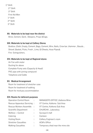 134
1st
Shift
2nd
Shift
3rd
Shift
First Aid Men
1st
Shift
2nd
Shift
3rd
Shift
XII. Materials to be kept near the district
Brick, Cement, Sand , Sleepers, Props &Cogs.
XIII. Materials to be kept at Colliery Stores
Brattice ,Cloth, Empty, Cement ,Bags, Cement, Wire ,Nails, Crow bar ,Hammer , Basula ,
Shovel ,Basket, Picks, Fresh , Lime, GI Sheets, Hose Pipes&
Fire Extinguishers.
XIV. Materials to be kept at Regional stores
Air Fan with motor
Ducting for above
Complete Pump sets (Capacity & Head)
PVC pipe with joining compound
Telephone and Cable
XV. Medical Arrangement
Room for treatment of stretcher case
Room for treatment of walking
Room for mortuary accommodation
XVI. Rooms for deferent purposes
Operation Control Room : MANAGER’S OFFICE ,Katkona Mine
Rescue Apparatus Servicing : VT Centre, Katkona Sub Area
Rescue Workers Assemble : VT Centre, Katkona Sub Area
Scientific Department : CHURCHA , Laboratory
Welfare :- Control : Surveyor's hall
Catering : Canteen
Visiting Room : Colliery Engineer's room
Stretcher Casualties : ACM's Office
Walking Casualties : Temporary shed near the mine site
 