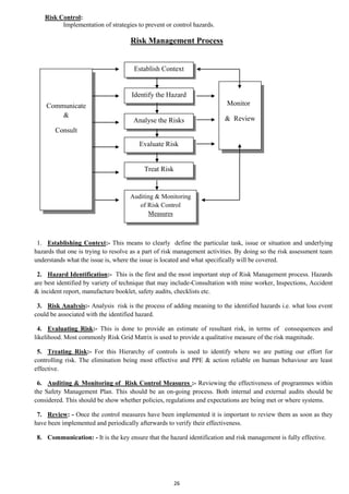 26
Risk Control:
Implementation of strategies to prevent or control hazards.
Risk Management Process
1. Establishing Context:- This means to clearly define the particular task, issue or situation and underlying
hazards that one is trying to resolve as a part of risk management activities. By doing so the risk assessment team
understands what the issue is, where the issue is located and what specifically will be covered.
2. Hazard Identification:- This is the first and the most important step of Risk Management process. Hazards
are best identified by variety of technique that may include-Consultation with mine worker, Inspections, Accident
& incident report, manufacture booklet, safety audits, checklists etc.
3. Risk Analysis:- Analysis risk is the process of adding meaning to the identified hazards i.e. what loss event
could be associated with the identified hazard.
4. Evaluating Risk:- This is done to provide an estimate of resultant risk, in terms of consequences and
likelihood. Most commonly Risk Grid Matrix is used to provide a qualitative measure of the risk magnitude.
5. Treating Risk:- For this Hierarchy of controls is used to identify where we are putting our effort for
controlling risk. The elimination being most effective and PPE & action reliable on human behaviour are least
effective.
6. Auditing & Monitoring of Risk Control Measures :- Reviewing the effectiveness of programmes within
the Safety Management Plan. This should be an on-going process. Both internal and external audits should be
considered. This should be show whether policies, regulations and expectations are being met or where systems.
7. Review: - Once the control measures have been implemented it is important to review them as soon as they
have been implemented and periodically afterwards to verify their effectiveness.
8. Communication: - It is the key ensure that the hazard identification and risk management is fully effective.
Communicate
&
Consult
Establish Context
Identify the Hazard
Analyse the Risks
Treat Risk
Evaluate Risk
Monitor
& Review
Auditing & Monitoring
of Risk Control
Measures
 
