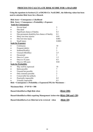34
PROCESS TO CALCULATE RISK SCORE FOR A HAZARD
Using the equations in Section 6.2.3. of DGMS Cir. No.02/2002 , the following values has been
used to calculate Risk Score for a Hazard.
Risk Score = Consequence x Likelihood
Risk Score = Consequence x Probability x Exposure
Scale for Consequence
• Several dead 5
• One dead 1
• Significant chance of fatality 0.3
• One permanent disability/less chance of fatality 0.1
• Many lost time injuries 0.01
• One lost time injury 0.001
• Small injury 0.0001
Scale for Exposure
• Continuous 10
• Frequent (daily) 5
• Seldom(Weekly) 3
• Unusual (Monthly) 2.5
• Occasional 2
• Once in 5 years 1.5
• Once in 10 years 0.5
• Once in 100 years 0.02
Scale for Probability
• May well be expressed 10
• Quite possible 7
• Unusual but possible 3
• Only remotely possible 2
• Conceivable but unlikely 1
• Practically impossible 0.5
• Virtually impossible 0.1
Risk = Consequence x Probability x Exposure(CPE) for Maximum –
Maximum Risk – 5*10*10 = 500
Hazard identified as High Risk when (Risk>200)
Hazard identified as Risk requiring Management Action whe (Risk<200 and >20)
Hazard identified as Low Risk but to be reviewed when (Risk<20)
 