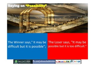 Saying onSaying on ““PossibilityPossibility””
The Winner says," It may be
difficult but it is possible";
The Loser says, "...