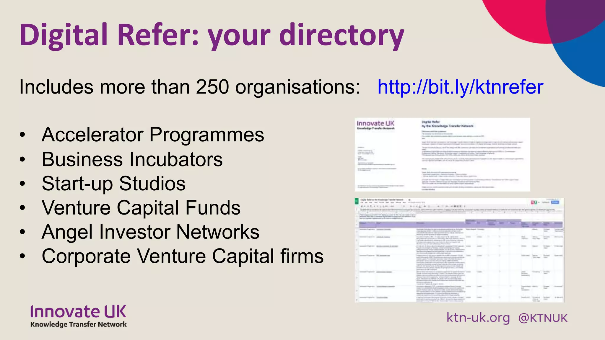 Digital Refer: your directory
Includes more than 250 organisations:
• Accelerator Programmes
• Business Incubators
• Start-up Studios
• Venture Capital Funds
• Angel Investor Networks
• Corporate Venture Capital firms
http://bit.ly/ktnrefer
 