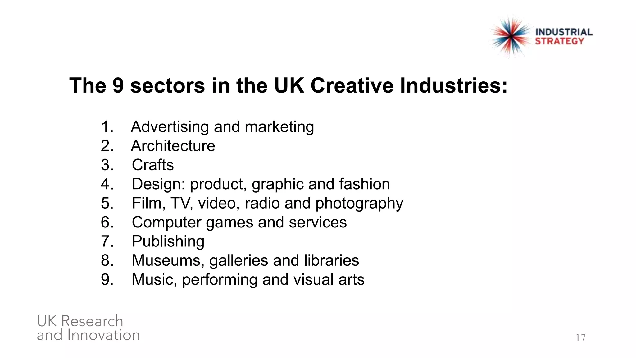 17
The 9 sectors in the UK Creative Industries:
1. Advertising and marketing
2. Architecture
3. Crafts
4. Design: product, graphic and fashion
5. Film, TV, video, radio and photography
6. Computer games and services
7. Publishing
8. Museums, galleries and libraries
9. Music, performing and visual arts
 