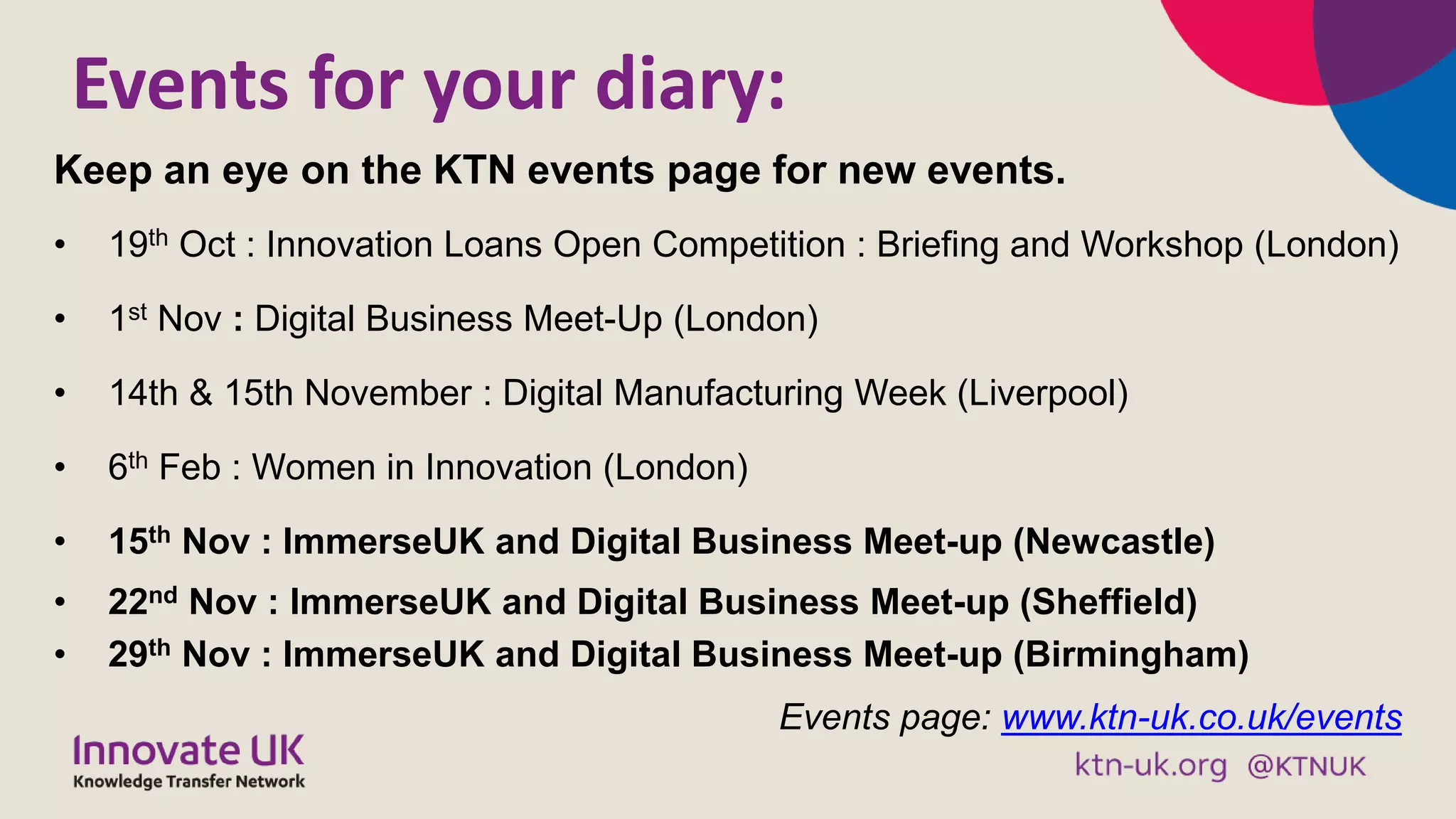 Events for your diary:
Keep an eye on the KTN events page for new events.
• 19th Oct : Innovation Loans Open Competition : Briefing and Workshop (London)
• 1st Nov : Digital Business Meet-Up (London)
• 14th & 15th November : Digital Manufacturing Week (Liverpool)
• 6th Feb : Women in Innovation (London)
• 15th Nov : ImmerseUK and Digital Business Meet-up (Newcastle)
• 22nd Nov : ImmerseUK and Digital Business Meet-up (Sheffield)
• 29th Nov : ImmerseUK and Digital Business Meet-up (Birmingham)
Events page: www.ktn-uk.co.uk/events
 