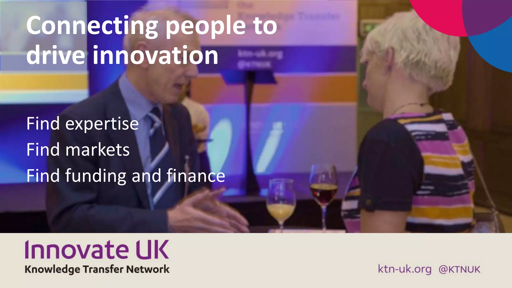 Find expertise
Find markets
Find funding and finance
Connecting people to
drive innovation
 