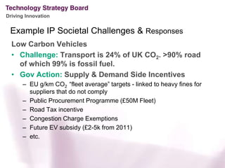 Example IP Societal Challenges & ResponsesLow Carbon VehiclesChallenge: Transport is 24% of UK CO2. >90% road of which 99% is fossil fuel.Gov Action: Supply & Demand Side IncentivesEU g/km CO2  “fleet average” targets - linked to heavy fines for suppliers that do not complyPublic Procurement Programme (£50M Fleet)Road Tax incentiveCongestion Charge ExemptionsFuture EV subsidy (£2-5k from 2011) etc.  