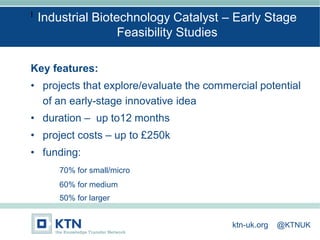 I
Key features:
• projects that explore/evaluate the commercial potential
of an early-stage innovative idea
• duration – up to12 months
• project costs – up to £250k
• funding:
70% for small/micro
60% for medium
50% for larger
Industrial Biotechnology Catalyst – Early Stage
Feasibility Studies
ktn-uk.org @KTNUK
 