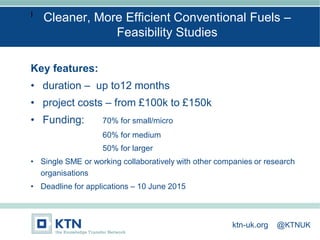 I
Key features:
• duration – up to12 months
• project costs – from £100k to £150k
• Funding: 70% for small/micro
60% for medium
50% for larger
• Single SME or working collaboratively with other companies or research
organisations
• Deadline for applications – 10 June 2015
Cleaner, More Efficient Conventional Fuels –
Feasibility Studies
ktn-uk.org @KTNUK
 