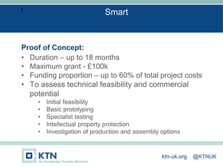 I
Proof of Concept:
• Duration – up to 18 months
• Maximum grant - £100k
• Funding proportion – up to 60% of total project costs
• To assess technical feasibility and commercial
potential
• Initial feasibility
• Basic prototyping
• Specialist testing
• Intellectual property protection
• Investigation of production and assembly options
Smart
ktn-uk.org @KTNUK
 