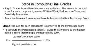 Steps in Computing Final Grades
• Step 1: Grades from all student work are added up. This results in the total
score for each component, namely Written Work, Performance Tasks, and
Quarterly Assessment
• Raw score from each component have to be converted to a Percentage Score
Step 2: The sum for each component is converted to the Percentage Score
• To compute the Percentage Score(PS), divide the raw score by the highest
possible score then multiply the quotient by 100%.
Learner’s total raw score
PS = x 100%
Highest possible score
 