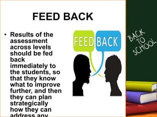 FEED BACK
• Results of the
assessment
across levels
should be fed
back
immediately to
the students, so
that they know
what to improve
further, and then
they can plan
strategically
how they can
 