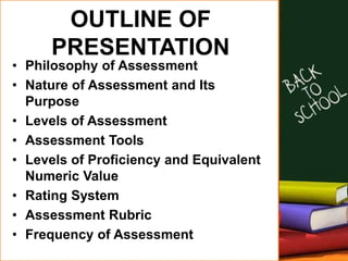 OUTLINE OF
PRESENTATION
• Philosophy of Assessment
• Nature of Assessment and Its
Purpose
• Levels of Assessment
• Assessment Tools
• Levels of Proficiency and Equivalent
Numeric Value
• Rating System
• Assessment Rubric
• Frequency of Assessment
 