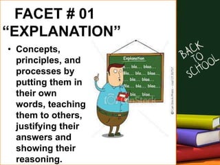 FACET # 01
“EXPLANATION”
• Concepts,
principles, and
processes by
putting them in
their own
words, teaching
them to others,
justifying their
answers and
showing their
reasoning.
 