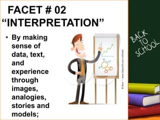 • By making
sense of
data, text,
and
experience
through
images,
analogies,
stories and
models;
FACET # 02
“INTERPRETATION”
 
