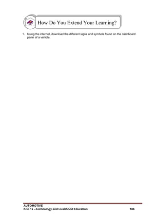 AUTOMOTIVE
K to 12 –Technology and Livelihood Education 106
1. Using the internet, download the different signs and symbols found on the dashboard
panel of a vehicle.
How Do You Extend Your Learning?
 