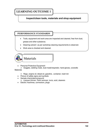 AUTOMOTIVE
K to 12 –Technology and Livelihood Education 142
 Personal Protective Equipment
 Goggles, welding mask, dust mask/respirator, hand gloves, coveralls
Materials
 Rags, engine oil, diesel oil, gasoline , container, trash bin
 Picture of safety signs and symbols
 Sample chemicals/compound
 Lacquer thinner. Paint remover, turco, acid, cleaners
 Electric machines, connectors, plugs
Materials
Inspect/clean tools, materials and shop equipment
LEARNING OUTCOME 1
 Tools, equipment and work area are inspected and cleaned, free from dust,
grease and other substance.
 Cleaning solvent as per workshop cleaning requirements is observed.
 Work area is checked and cleaned.
PERFORMANCE STANDARDS
 