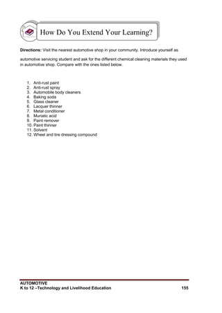 AUTOMOTIVE
K to 12 –Technology and Livelihood Education 155
Directions: Visit the nearest automotive shop in your community. Introduce yourself as
automotive servicing student and ask for the different chemical cleaning materials they used
in automotive shop. Compare with the ones listed below.
1. Anti-rust paint
2. Anti-rust spray
3. Automobile body cleaners
4. Baking soda
5. Glass cleaner
6. Lacquer thinner
7. Metal conditioner
8. Muriatic acid
9. Paint remover
10. Paint thinner
11. Solvent
12. Wheel and tire dressing compound
How Do You Extend Your Learning?
 