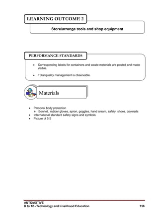 AUTOMOTIVE
K to 12 –Technology and Livelihood Education 156
 Personal body protection
 Bonnet, rubber gloves, apron, goggles, hand cream, safety shoes, coveralls
 International standard safety signs and symbols
 Picture of 5 S
Materials
Store/arrange tools and shop equipment
LEARNING OUTCOME 2
 Corresponding labels for containers and waste materials are posted and made
visible.
 Total quality management is observable.
PERFORMANCE STANDARDS
 
