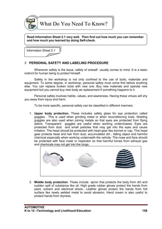 AUTOMOTIVE
K to 12 –Technology and Livelihood Education 158
What Do You Need To Know?
Know?KnowKNowKnow?
۩ PERSONAL SAFETY AND LABELING PROCEDURE
Whenever safety is the issue, safety of oneself usually comes to mind. It is a basic
instinct for human being to protect himself.
Safety in the workshop is not only confined to the use of tools, materials and
equipment. To some degree, in workshop, personal safety must come first before anything
else. You can replace broken tools with new one. Buy new materials and operate new
equipment but you cannot buy new body as replacement if something happens to it.
Personal safety involves habits, values, and awareness. Having these virtues will shy
you away from injury and harm.
To be more specific, personal safety can be classified in different manners.
1. Upper body protection. These includes safety glass for eye protection called
goggles . This is used when grinding metal or when reconditioning tools. Welding
goggles are also used when joining metals so that eyes are protected from flying
debris. Transparent goggles are useful when working underchassis. Eyes are
protected from dust and small particles that may get into the eyes and cause
irritation. The head should be protected with head gear like bonnet or cap. This head
gear protects head and hair from dust, accumulated dirt , falling object and harmful
chemical especially when working underneath the vehicle. The nose and face should
be protected with face mask or respirator so that harmful fumes from exhaust gas
and chemicals may not get into the lungs.
2. Middle body protection. These include apron that protects the body from dirt and
sudden spill of substance like oil. High grade rubber gloves protect the hands from
paint, solvent and electrical shock.. Leather gloves protect the hands from hot
surface like newly welded metal to avoid abrasion. Hand cream is also useful to
protect hands from dryness.
Safety goggleDust mask Bonnet
Information Sheet 2.1
Read Information Sheet 2.1 very well. Then find out how much you can remember
and how much you learned by doing Self-check.
 