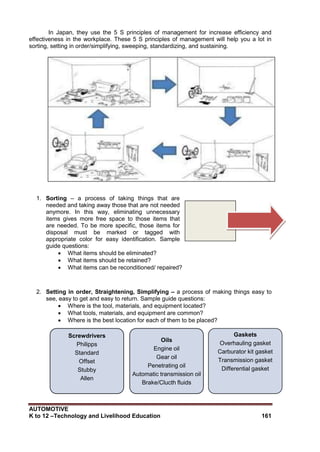 AUTOMOTIVE
K to 12 –Technology and Livelihood Education 161
In Japan, they use the 5 S principles of management for increase efficiency and
effectiveness in the workplace. These 5 S principles of management will help you a lot in
sorting, setting in order/simplifying, sweeping, standardizing, and sustaining.
1. Sorting – a process of taking things that are
needed and taking away those that are not needed
anymore. In this way, eliminating unnecessary
items gives more free space to those items that
are needed. To be more specific, those items for
disposal must be marked or tagged with
appropriate color for easy identification. Sample
guide questions:
 What items should be eliminated?
 What items should be retained?
 What items can be reconditioned/ repaired?
2. Setting in order, Straightening, Simplifying – a process of making things easy to
see, easy to get and easy to return. Sample guide questions:
 Where is the tool, materials, and equipment located?
 What tools, materials, and equipment are common?
 Where is the best location for each of them to be placed?
Screwdrivers
Philipps
Standard
Offset
Stubby
Allen
Oils
Engine oil
Gear oil
Penetrating oil
Automatic transmission oil
Brake/Clucth fluids
Gaskets
Overhauling gasket
Carburator kit gasket
Transmission gasket
Differential gasket
 