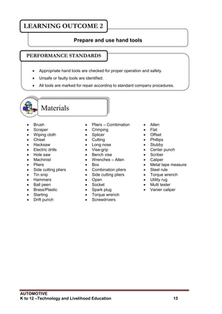 AUTOMOTIVE
K to 12 –Technology and Livelihood Education 15
 Brush  Pliers – Combination  Allen
 Scraper  Crimping  Flat
 Wiping cloth  Splicer  Offset
 Chisel  Cutting  Phillips
 Hacksaw  Long nose  Stubby
 Electric drills  Vise-grip  Center punch
 Hole saw  Bench vise  Scriber
 Machinist  Wrenches – Allen  Caliper
 Pliers  Box  Metal tape measure
 Side cutting pliers  Combination pliers  Steel rule
 Tin snip  Side cutting pliers  Torque wrench
 Hammers  Open  Utility rug
 Ball peen  Socket  Multi tester
 Brass/Plastic  Spark plug  Vanier caliper
 Starting  Torque wrench
 Drift punch  Screwdrivers
Materials
Prepare and use hand tools
LEARNING OUTCOME 2
 Appropriate hand tools are checked for proper operation and safety.
 Unsafe or faulty tools are identified.
 All tools are marked for repair according to standard company procedures.
PERFORMANCE STANDARDS
 