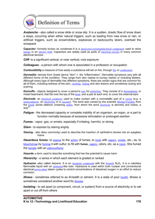 AUTOMOTIVE
K to 12 –Technology and Livelihood Education 178
Avalanche - also called a snow slide or snow slip. It is a sudden, drastic flow of snow down
a slope, occurring when either natural triggers, such as loading from new snow or rain, or
artificial triggers, such as snowmobilers, explosives or backcountry skiers, overload the
snowpack
Capacitor- formerly known as condenser.It is a passivetwo-terminalelectrical component used to store
energy in an electric field. Capacitors are widely used as parts of electrical circuits in many common
electrical devices
Cliff -is a significant vertical, or near vertical, rock exposure
Colleagues - a person with whom one is associated in a profession or occupation
Combustibility-a measure of how easily a substance will set on fire, through fire or combustion.
Dermatitis- derives from Greek derma "skin" + -itis "inflammation". Dermatitis symptoms vary with all
different forms of the condition. They range from skin rashes to bumpy rashes or including blisters.
Although every type of dermatitis has different symptoms, there are certain signs that are common for
all of them, including redness of the skin, swelling, itching and skin lesions and sometimes oozing and
scarring
Earmuffs - objects designed to cover a person's ears for protection. They consist of a thermoplastic or
metal head-band, that fits over the top of the head, and a pad at each end, to cover the external ears
Electrode- an electrical conductor used to make contact with a nonmetallic part of a circuit (e.g. a
semiconductor, an electrolyte or a vacuum). The word was coined by the scientist Michael Faraday from
the Greek words elektron (meaning amber, from which the word electricity is derived) and hodos, a
way
[1]
Fatigue - the decreased capacity or complete inability of an organism, an organ, or a part to
function normally because of excessive stimulation or prolonged exertion
Fumes - vapor, gas, or smoke, especially if irritating, harmful, or strong
Glare - to express by staring angrily
Glazing - also (less commonly) used to describe the insertion of ophthalmic lenses into an eyeglass
frame
Hazardous fumes- to expose to the action of fumes; to treat with vapors, smoke, etc.; as, to
bleachstraw by fuming it with sulfur; to fill with fumes, vapors, odors, etc, as a room. She fumed
the temple with an odorousflame
Hazards- a term used to describe something that has the potential to cause harm
Hierarchy - a series in which each element is graded or ranked
Hydrazine -also called diazane. It is an inorganic compound with the formula N2H4. It is a colorless
flammable liquid with an ammonia-like odor. Hydrazine is used within both nuclear and conventional
electrical power plant steam cycles to control concentrations of dissolved oxygen in an effort to reduce
corrosion
Illness - sometimes referred to as ill-health or ailment. It is a state of poor health. Illness is
sometimes considered another word for disease
Isolating - to set apart (a component, circuit, or system) from a source of electricity or to set
apart or cut off from others
Definition of Terms
 