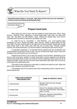 AUTOMOTIVE
K to 12 –Technology and Livelihood Education 17
Prepare hand tools
When doing any kind of work, tools are needed to have things done. When fixing
furniture, repairing home appliances, or doing simple repair, tools help you make work
easy, with less effort but with efficient result. Without the needed tools, much time is
consumed and more effort is required to accomplish your task.
In order for you to accomplish a task efficiently, you must possess basic
knowledge on how to identify and select tools that are usable, of good quality and free
from faults. The task required calls for the right kind of tools to prepare. Simple jobs usually
need simple tools to use. Heavy jobs need the use of heavy tools. Through constant
practice, and simple observation, you become skillful in selecting the right tool for the job.
In automotive application, it is important that the needed tools are not defective and
must be perfect for the job to finish on time. The use of faulty tools might result in injury and
damage to you and the parts you are working on.
Preparing hand tools to use is easy but requires a lot of practice. Depending on the
level of work to be done, whether it is basic level which involves inspection and checking,
cleaning and simple fixing of parts; the common level for replacing of basic parts such as air
cleaner, fuel filter, hoses; and the core level when performing major tasks such as tune-up,
overhauling and underchassis work.
The extent of work will give you information to identify and select the size, shape and
type of tools needed to accomplish the task.
The following tools for the specific task have corresponding name of specific tools in
performing the task.
TOOLS FOR A SPECIFIC
PROCEDURE/TASK
NAME OF SPECIFIC TOOLS
 Cleaning tools
Brushes ( fiber and wire), Scraper,
Wiping cloth
 Cutting Tools
Chisel, File, Hacksaw, Electric drills,
Hole saw, Machinist pliers, Side cutting
pliers, Tin snip
 Driving tools
Hammers - Ball peen, Brass/Plastic,
Starting and Drift punch
What Do You Need To Know?
Information Sheet 2.1
Read Information Sheet 2.1 very well. Then find out how much you can remember
and how much you learned by doing Self-check.
 