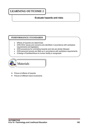 AUTOMOTIVE
K to 12 –Technology and Livelihood Education 195
 Picture of effects of hazards
 Picture of different hand movements
Materials
Evaluate hazards and risks
LEARNING OUTCOME 2
 Effects of hazards are determined.
 OHS /ECC issues and concerns are identified in accordance with workplace
requirements and legislation.
 OHS procedures for controlling hazards and risk are strictly followed.
 OHS personal records are filled up in accordance with workplace requirements.
 5.Design of facilities/fixture to human facility is recognized
PERFORMANCE STANDARDS
 