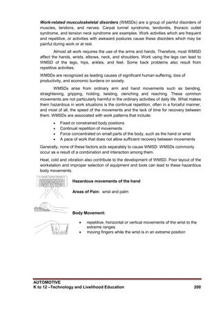AUTOMOTIVE
K to 12 –Technology and Livelihood Education 200
Work-related musculoskeletal disorders (WMSDs) are a group of painful disorders of
muscles, tendons, and nerves. Carpal tunnel syndrome, tendonitis, thoracic outlet
syndrome, and tension neck syndrome are examples. Work activities which are frequent
and repetitive, or activities with awkward postures cause these disorders which may be
painful during work or at rest.
Almost all work requires the use of the arms and hands. Therefore, most WMSD
affect the hands, wrists, elbows, neck, and shoulders. Work using the legs can lead to
WMSD of the legs, hips, ankles, and feet. Some back problems also result from
repetitive activities.
WMSDs are recognized as leading causes of significant human suffering, loss of
productivity, and economic burdens on society.
WMSDs arise from ordinary arm and hand movements such as bending,
straightening, gripping, holding, twisting, clenching and reaching. These common
movements are not particularly harmful in the ordinary activities of daily life. What makes
them hazardous in work situations is the continual repetition, often in a forceful manner,
and most of all, the speed of the movements and the lack of time for recovery between
them. WMSDs are associated with work patterns that include:
 Fixed or constrained body positions
 Continual repetition of movements
 Force concentrated on small parts of the body, such as the hand or wrist
 A pace of work that does not allow sufficient recovery between movements
Generally, none of these factors acts separately to cause WMSD. WMSDs commonly
occur as a result of a combination and interaction among them.
Heat, cold and vibration also contribute to the development of WMSD. Poor layout of the
workstation and improper selection of equipment and tools can lead to these hazardous
body movements.
Hazardous movements of the hand
Areas of Pain: wrist and palm
Body Movement:
 repetitive, horizontal or vertical movements of the wrist to the
extreme ranges
 moving fingers while the wrist is in an extreme position
 