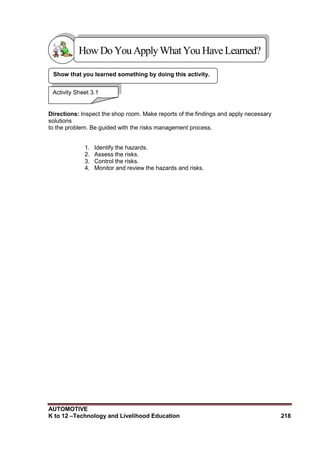 AUTOMOTIVE
K to 12 –Technology and Livelihood Education 218
Directions: Inspect the shop room. Make reports of the findings and apply necessary
solutions
to the problem. Be guided with the risks management process.
1. Identify the hazards.
2. Assess the risks.
3. Control the risks.
4. Monitor and review the hazards and risks.
Show that you learned something by doing this activity.
Activity Sheet 3.1
HowDo YouApplyWhatYou HaveLearned?
 