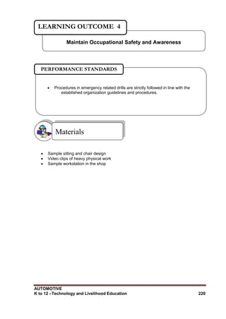 AUTOMOTIVE
K to 12 –Technology and Livelihood Education 220
 Sample sitting and chair design
 Video clips of heavy physical work
 Sample workstation in the shop
Materials
Maintain Occupational Safety and Awareness
LEARNING OUTCOME 4
 Procedures in emergency related drills are strictly followed in line with the
established organization guidelines and procedures.
PERFORMANCE STANDARDS
 
