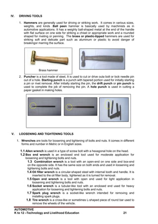 AUTOMOTIVE
K to 12 –Technology and Livelihood Education 21
Brass hammer
IV. DRIVING TOOLS
1. Hammers are generally used for driving or striking work. It comes in various sizes,
weights, and kinds .Ball peen hammer is basically used by machinists as in
automotive applications. It has a weighty ball-shaped metal at the end of the handle
with flat surface on one side for striking a chisel or appropriate work and a rounded
shaped for riveting or penning. The brass or plastic-tipped hammers are used for
striking soft and delicate part such as aluminum or plastic to avoid danger of
breakingor marring the surface.
2. Puncher is a tool made of steel. It is used to cut or drive outa bolt or lock needle pin
out of a hole. Starting punch is a punch with tapered portion used for initially starting
a pin or rivet removal. After initially starting the pin, the drift punch or pin punch is
used to complete the job of removing the pin. A hole punch is used in cutting a
paper gasket in making holes.
V. LOOSENING AND TIGHTENING TOOLS
1. Wrenches are tools for loosening and tightening of bolts and nuts. It comes in different
forms and number in Metric or in English sizes.
1.1 Allen wrench is used in a type of screw bolt with a hexagonal hole on the head.
1.2 Box end wrench is an enclosed end tool used for moderate application for
loosening and tightening bolts and nuts.
1.3 Combination wrench is a tool with an open-end on one side and box-end
on the opposite side. It has the same size on both ends and used in loosening and
tightening bolts and nuts.
1.4 Oil filter wrench is a circular-shaped steel with internal tooth and handle. It is
inserted to the oil filter body, tightened as it is turned for removal.
1.5 Open end wrench is a tool with open end used for light application in
loosening and tightening bolts and nuts.
1.6 Socket wrench is a tubular-like tool with an enclosed end used for heavy
application for loosening and tightening bolts and nuts.
1.7 Spark plug wrench is a socket-like wrench intended for removing and
installing spark plugs.
1.8 Tire wrench is a cross-like or sometimes L-shaped piece of round bar used to
remove the wheels of the vehicle.
Starting punchDrift punch
Hole punch
 