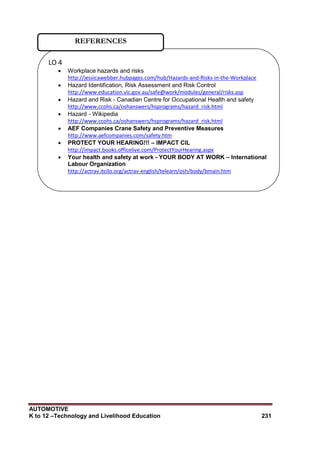 AUTOMOTIVE
K to 12 –Technology and Livelihood Education 231
LO 4
 Workplace hazards and risks
http://jessicawebber.hubpages.com/hub/Hazards-and-Risks-in-the-Workplace
 Hazard Identification, Risk Assessment and Risk Control
http://www.education.vic.gov.au/safe@work/modules/general/risks.asp
 Hazard and Risk - Canadian Centre for Occupational Health and safety
http://www.ccohs.ca/oshanswers/hsprograms/hazard_risk.html
 Hazard - Wikipedia
http://www.ccohs.ca/oshanswers/hsprograms/hazard_risk.html
 AEF Companies Crane Safety and Preventive Measures
http://www.aefcompanies.com/safety.htm
 PROTECT YOUR HEARING!!! – IMPACT CIL
http://impact.books.officelive.com/ProtectYourHearing.aspx
 Your health and safety at work - YOUR BODY AT WORK – International
Labour Organization
http://actrav.itcilo.org/actrav-english/telearn/osh/body/bmain.htm
REFERENCES
 