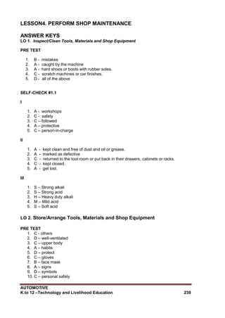 AUTOMOTIVE
K to 12 –Technology and Livelihood Education 239
LESSON4. PERFORM SHOP MAINTENANCE
ANSWER KEYS
LO 1. Inspect/Clean Tools, Materials and Shop Equipment
PRE TEST
1. B - mistakes
2. A - caught by the machine
3. A - hard shoes or boots with rubber soles.
4. C - scratch machines or car finishes.
5. D - all of the above
SELF-CHECK #1.1
I
1. A - workshops
2. C - safety
3. C – followed
4. A – protective
5. C – person-in-charge
II
1. A - kept clean and free of dust and oil or grease.
2. A - marked as defective
3. C - returned to the tool room or put back in their drawers, cabinets or racks.
4. C - kept closed.
5. A - get lost.
III
1. S – Strong alkali
2. S – Strong acid
3. H – Heavy duty alkali
4. M – Mild acid
5. S – Soft acid
LO 2. Store/Arrange Tools, Materials and Shop Equipment
PRE TEST
1. C - others
2. D – well-ventilated
3. C – upper body
4. A – habits
5. D – protect
6. C – gloves
7. B – face mask
8. A – signs
9. D – symbols
10. C – personal safety
 
