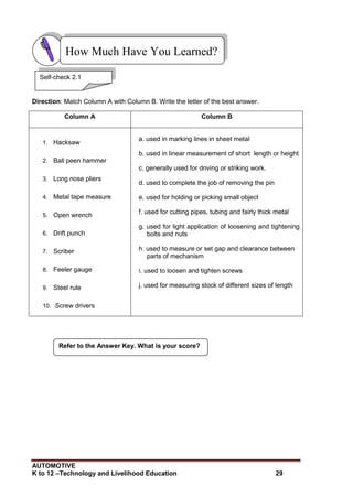 AUTOMOTIVE
K to 12 –Technology and Livelihood Education 29
How Much Have You Learned?
Direction: Match Column A with Column B. Write the letter of the best answer.
Column A Column B
1. Hacksaw
2. Ball peen hammer
3. Long nose pliers
4. Metal tape measure
5. Open wrench
6. Drift punch
7. Scriber
8. Feeler gauge
9. Steel rule
10. Screw drivers
a. used in marking lines in sheet metal
b. used in linear measurement of short length or height
c. generally used for driving or striking work.
d. used to complete the job of removing the pin
e. used for holding or picking small object
f. used for cutting pipes, tubing and fairly thick metal
g. used for light application of loosening and tightening
bolts and nuts
h. used to measure or set gap and clearance between
parts of mechanism
i. used to loosen and tighten screws
j. used for measuring stock of different sizes of length
Refer to the Answer Key. What is your score?
Self-check 2.1
 
