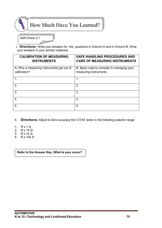 AUTOMOTIVE
K to 12 –Technology and Livelihood Education 75
How Much Have You Learned?
I. Directions: Write your answers for the questions in Column A and in Column B. Write
your answers in your activity notebook.
CALIBRATION OF MEASURING
INSTRUMENTS
SAFE HANDLING PROCEDURES AND
CARE OF MEASURING INSTRUMENTS
A. Why a measuring instruments get out of
calibration?
B. Basic rules to consider in managing your
measuring instruments.
1. 1.
2. 2.
3. 3.
4. 4.
5. 5.
II. Directions: Adjust to Zero accuracy the V.O.M. tester in the following selector range:
1. R x 1 Ω
2. R x 10 Ω
3. R x 1k Ω
4. R x 10k Ω
Refer to the Answer Key. What is your score?
Self-Check 2.1
 