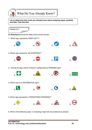 AUTOMOTIVE
K to 12 –Technology and Livelihood Education 83
A. Directions:Encircle the letter of the correct answer.
1. Which sign represents “KEEP LEFT”?
A. B. C. D.
2. Which sign represents “NO STOPPING”?
A. B. C. D.
3. Among the signs which of these is categorized as WARNING sign?
A. B. C. D.
4. Which one is an INFORMATIVE sign?
A. B. C. D.
5. Which sign represents a “PEDESTRIAN CROSSING”?
A. B. C. D.
6. Which of the following signs is indicating a high risk circumstances is present .
What Do You Already Know?
Pretest LO 1
Let us determine how much you already know about analyzing signs, symbols
and data. Take this test.
 