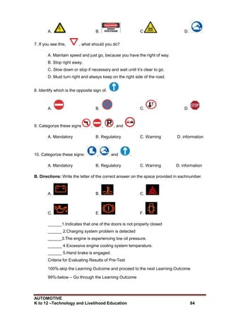 AUTOMOTIVE
K to 12 –Technology and Livelihood Education 84
A. B. C D.
7. If you see this, , what should you do?
A. Maintain speed and just go, because you have the right of way.
B. Stop right away.
C. Slow down or stop if necessary and wait until it‟s clear to go.
D. Must turn right and always keep on the right side of the road.
8. Identify which is the opposite sign of.
A. B. C. D.
9. Categorize these signs , , , and
A. Mandatory B. Regulatory C. Warning D. information
10. Categorize these signs: , and .
A. Mandatory B. Regulatory C. Warning D. information
B. Directions: Write the letter of the correct answer on the space provided in eachnumber.
A. B. C.
C. E. F.
______1.Indicates that one of the doors is not properly closed
______ 2.Charging system problem is detected
______3.The engine is experiencing low oil pressure.
______ 4.Excessive engine cooling system temperature.
______ 5.Hand brake is engaged.
Criteria for Evaluating Results of Pre-Test
100%-skip the Learning Outcome and proceed to the next Learning Outcome
99%-below – Go through the Learning Outcome
 