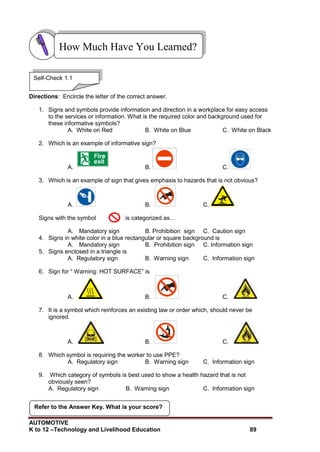 AUTOMOTIVE
K to 12 –Technology and Livelihood Education 89
Refer to the Answer Key. What is your score?
Directions: Encircle the letter of the correct answer.
1. Signs and symbols provide information and direction in a workplace for easy access
to the services or information. What is the required color and background used for
these informative symbols?
A. White on Red B. White on Blue C. White on Black
2. Which is an example of informative sign?
A. B. C.
3. Which is an example of sign that gives emphasis to hazards that is not obvious?
A. B. C.
Signs with the symbol is categorized as…
A. Mandatory sign B. Prohibition sign C. Caution sign
4. Signs in white color in a blue rectangular or square background is
A. Mandatory sign B. Prohibition sign C. Information sign
5. Signs enclosed in a triangle is
A. Regulatory sign B. Warning sign C. Information sign
6. Sign for “ Warning: HOT SURFACE” is
A. B. C.
7. It is a symbol which reinforces an existing law or order which, should never be
ignored.
A. B. C.
8. Which symbol is requiring the worker to use PPE?
A. Regulatory sign B. Warning sign C. Information sign
9. Which category of symbols is best used to show a health hazard that is not
obviously seen?
A. Regulatory sign B. Warning sign C. Information sign
How Much Have You Learned?
Self-Check 1.1
 