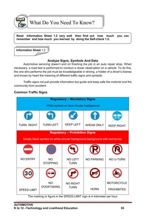 AUTOMOTIVE
K to 12 –Technology and Livelihood Education 93
Analyze Signs, Symbols And Data
Automotive servicing doesn‟t end on finishing the job in an auto repair shop. When
necessary, a road test is performed to conduct a closer observation on a vehicle. To do this,
the one who performs the job must be knowledgeable in driving, a holder of a driver‟s license
and knows by heart the meaning of different traffic signs and symbols.
Traffic signs not just provide information but guide and keep safe the motorist and the
community from accident.
Common Traffic Signs
Regulatory – Mandatory Signs
White symbol on blue circular background
TURN RIGHT TURN LEFT KEEP LEFT AHEAD ONLY KEEP RIGHT
Regulatory – Prohibition Signs
Mostly black symbol on white circular background background with red border
NO ENTRY NO
STOPPING
NO LEFT
TURN
NO PARKING NO U-TURN
SPEED LIMIT
NO
OVERTAKING
NO RIGHT
TURN
HORN
MOTORCYCLE
PROHIBITED
The marking or figure in the SPEED LIMIT sign is in kilometer per hour
What Do You Need To Know?
Read Information Sheet 1.2 very well then find out how much you can
remember and how much you learned by doing the Self-check 1.2.
Information Sheet 1.2
 