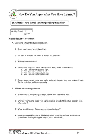 AUTOMOTIVE
K to 12 –Technology and Livelihood Education 97
Show that you have learned something by doing this activity.
Hazard Reduction Road Plan
A. Designing a hazard reduction road plan.
1. Copy road map of your city or town.
2. Be sure to indicate the roads or streets on your map.
3. Place some landmarks.
4. Create 5 to 10 pieces small (about 1cm X 1cm) traffic and road sign
a. Use 1 or more regulatory sign.
b. Use 2 or more warning signs.
c. Use 1 or more information sign.
5. Based on your map, place your traffic and road signs on your map to keep it safe
for the motorists and the community.
B. Answer the following questions
1. Where should you place your signs, left or right side of the road?
2. Why do you have to place your signs distance ahead of the actual location of its
information?
3. What would happen if signs are not properly placed?
4. If you are to work in a large shop without any signs and symbol, what are the
possibilities that might happen to you, shop and the job?
HowDo YouApplyWhatYou HaveLearned?
Activity Sheet 1.2
 